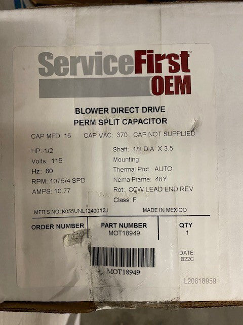 MOT18949 Trane 1/2Hp 115V 1075Rpm 48 Psc Mtr OEM MOT18949 (NEW)