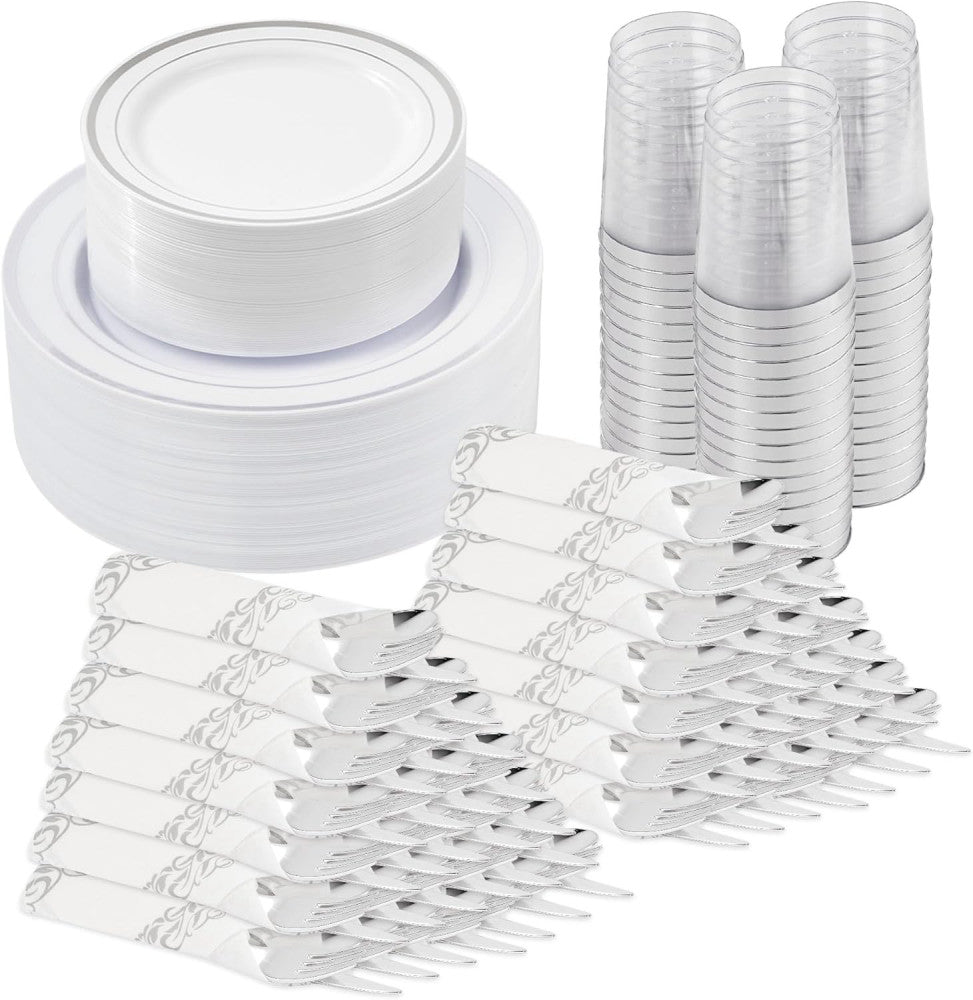350 Pieces Silver Disposable Plates for 50 Guests, Disposable Plastic Plates