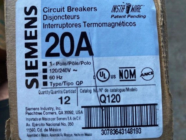 (12 PACK) Siemens Q120, 20 Amp, 1 Pole Circuit Breaker - 120/240v