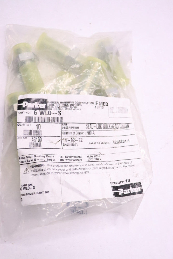 (10-Pk) Parker Seal-Lok Bulkhead Union ORFS Straight 3/8" 6WLO-S