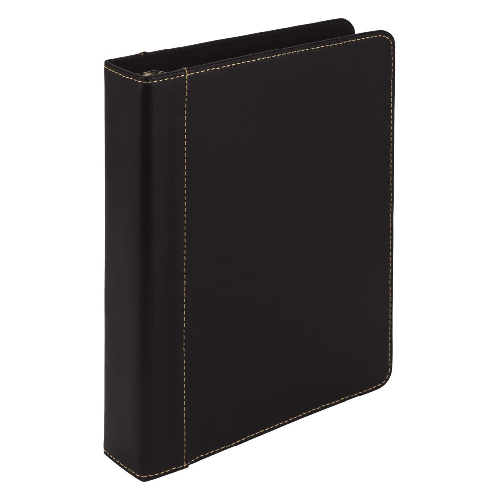 1" Junior Size 3 Ring Binder, Leather, Black with Contrast Stitching, Holds 8...