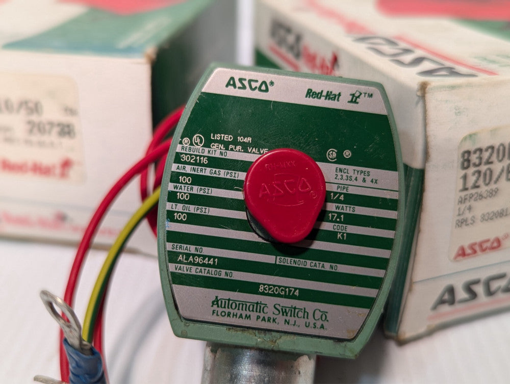 ASCO 8320G174 solenoid valve, 1/4", 100PSI WOG, 17.1W, 120VAC