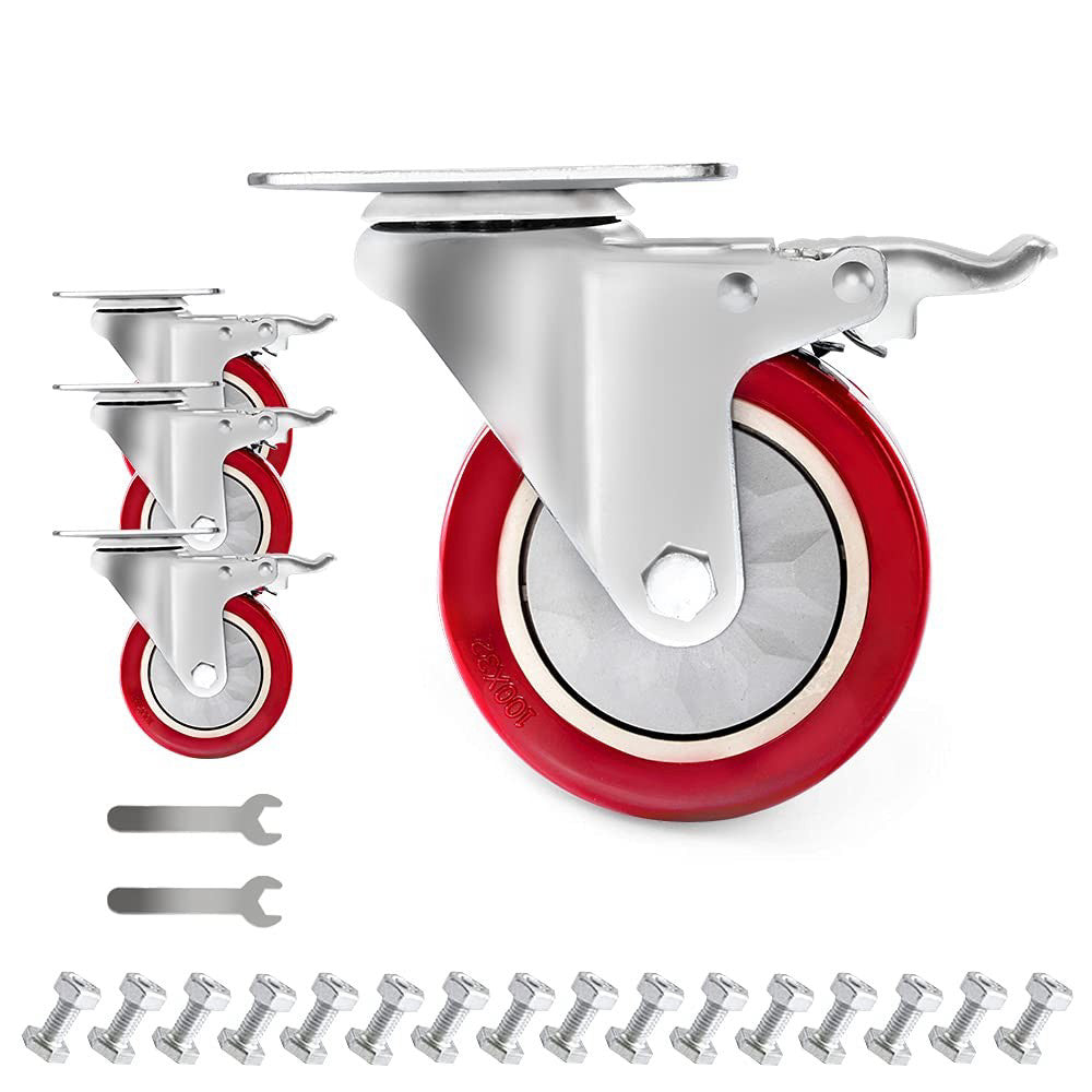 4 Inch Plate Swivel Castors Wheels 1800lbs Heavy Duty Castors with Brake Poly...