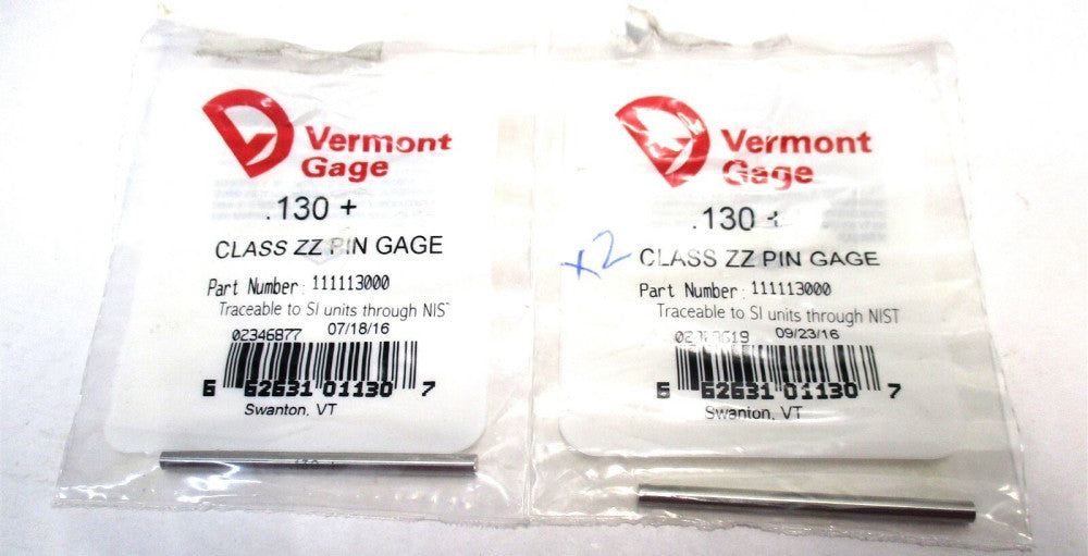 Vermont Gage (111113000) 0.130" Diameter Class ZZ Plus Pin Gage - Lot of 2