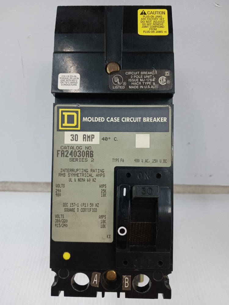 Square D 30 Amp I-Line Molded Case Circuit Breaker 2 Pole 480 VAC 18kA FA24030AB
