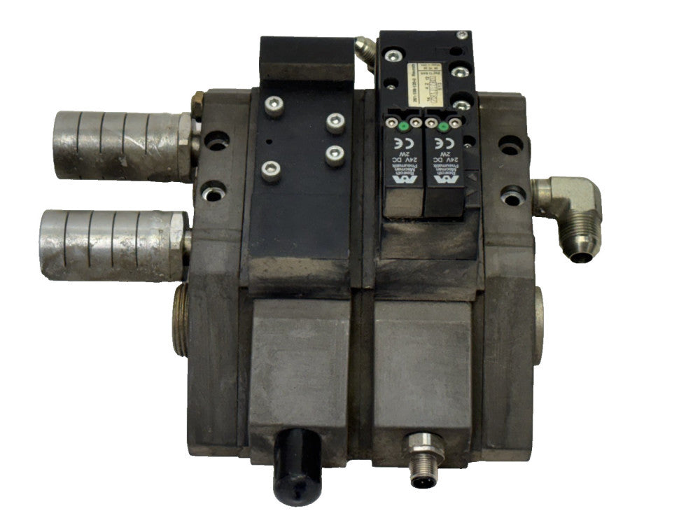 REXROTH 261-108-120-0 PNEUMATIC VALVE UNIT W/2 24V COILS &PARKER EXHAUST MUFFLER