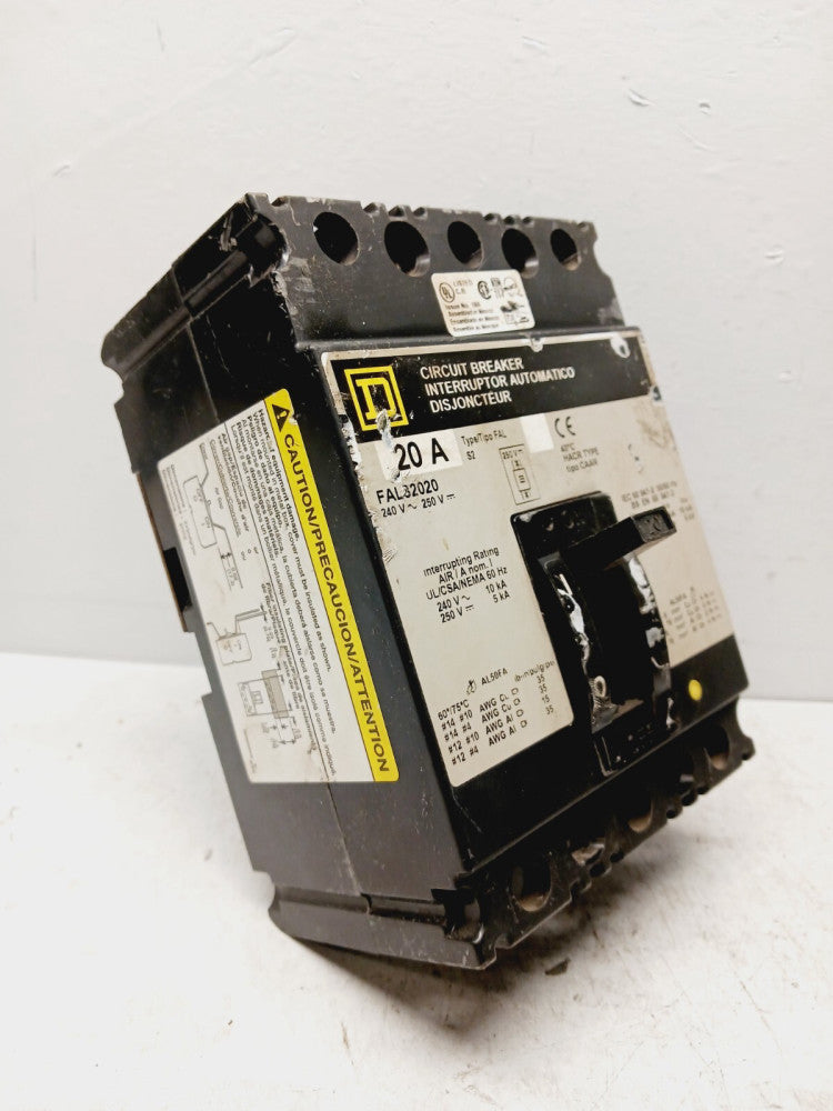 SQUARE D FAL32020 20 AMP CIRCUIT BREAKER 3 POLE 240 VAC 250 VDC (FLAW)