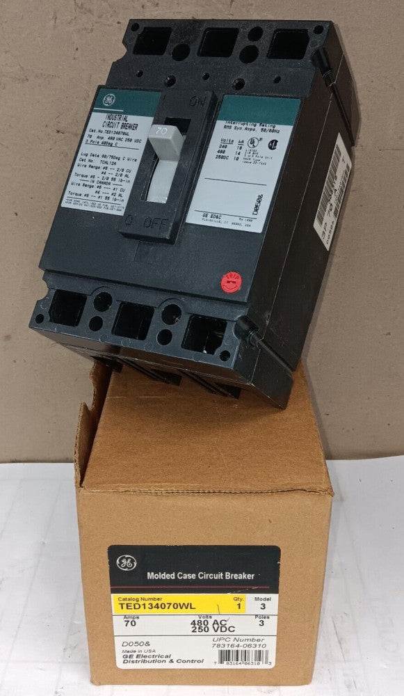 NEW GE 70 AMP CIRCUIT BREAKER 3 POLE 480 VAC TED134070 *FLAW