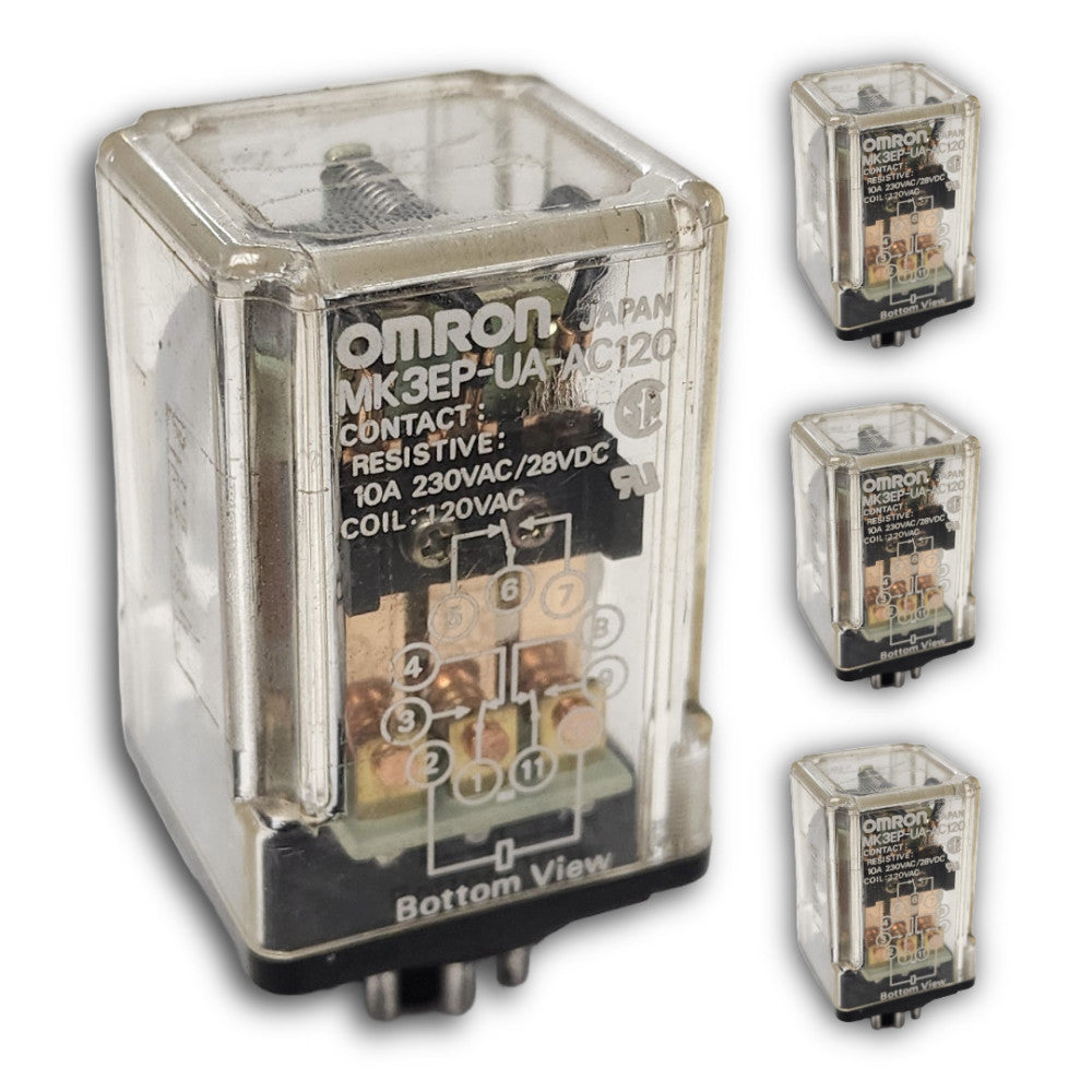 OMRON RELAYS (LOT OF 4) MK3EP-UA-AC120 10A 230VAC/28VDC 11-PIN 120VAC COIL 3PDT