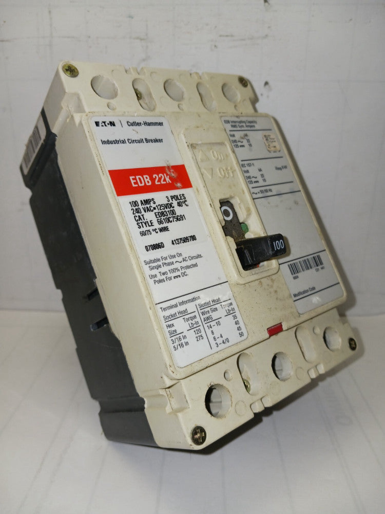 EATON EDB3100 100 AMP CIRCUIT BREAKER 3 POLE 240 VAC 125 VDC