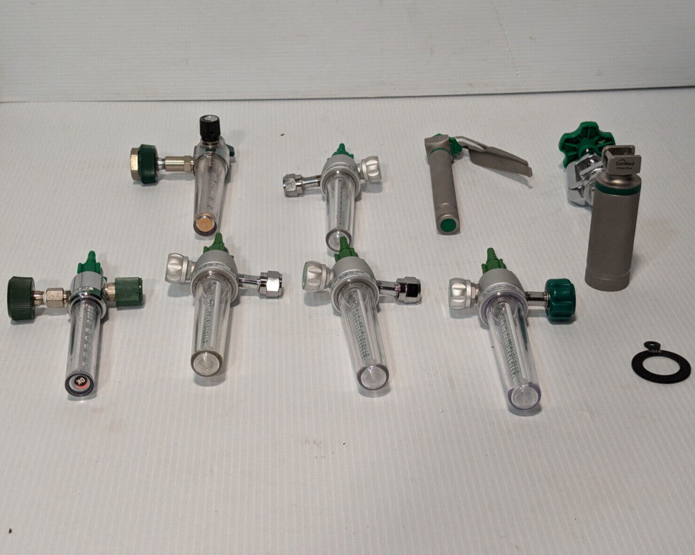 9 Asstd. Oxygen Flow Meters, parts,SunMed,Ohmeda,FM197A-15L-DS,FMF5008,AHE S0460