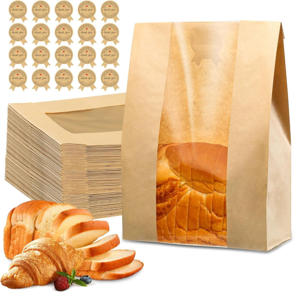 50 Pcs Bread Bags for Homemade Bread, Sourdough Paper With Window, 50% Brown
