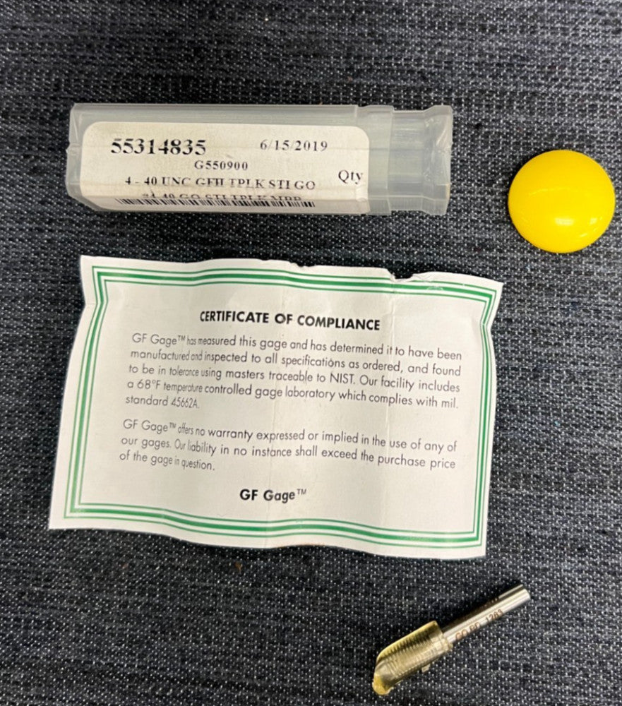 GF GAGE 416306 PLUG GAGE 4-40 UNC STI GO PD .1283 W/CERTIFICATE OF COMPLIANCE