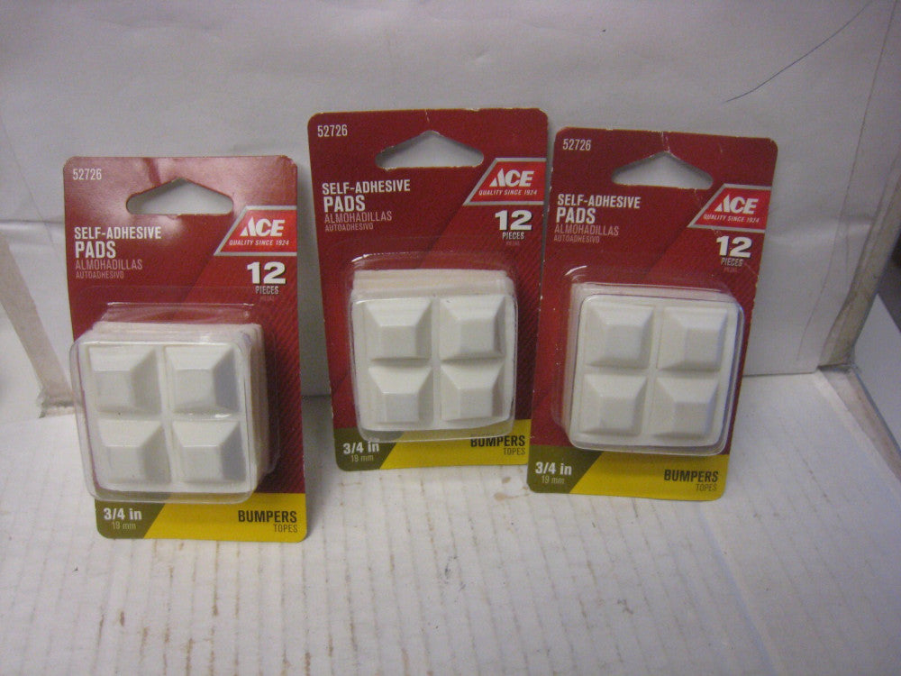 3 x (12-Pk) Ace Square Vinyl Self Adhesive Bumper Pads White 3/4" W x 3/4" 52726