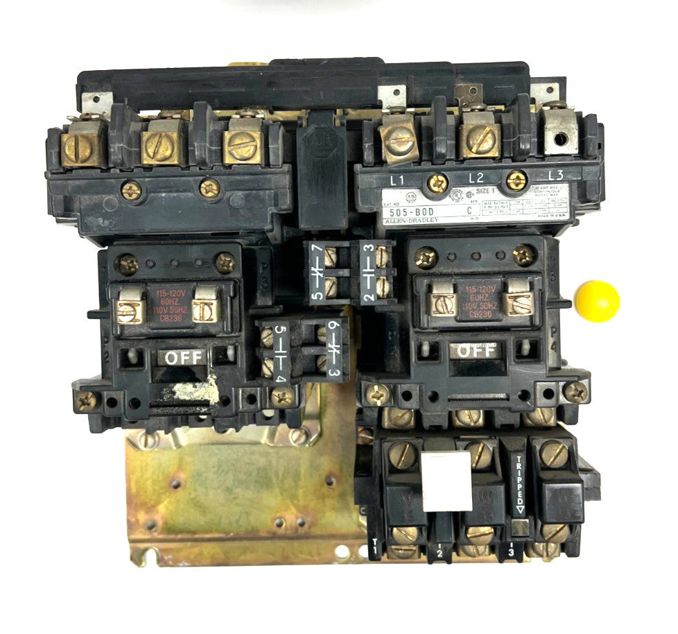 ALLEN BRADLEY 520-B0D STARTER NEMA SIZE 1 3 PHASE REVERSING 27AMP 115/120 VAC