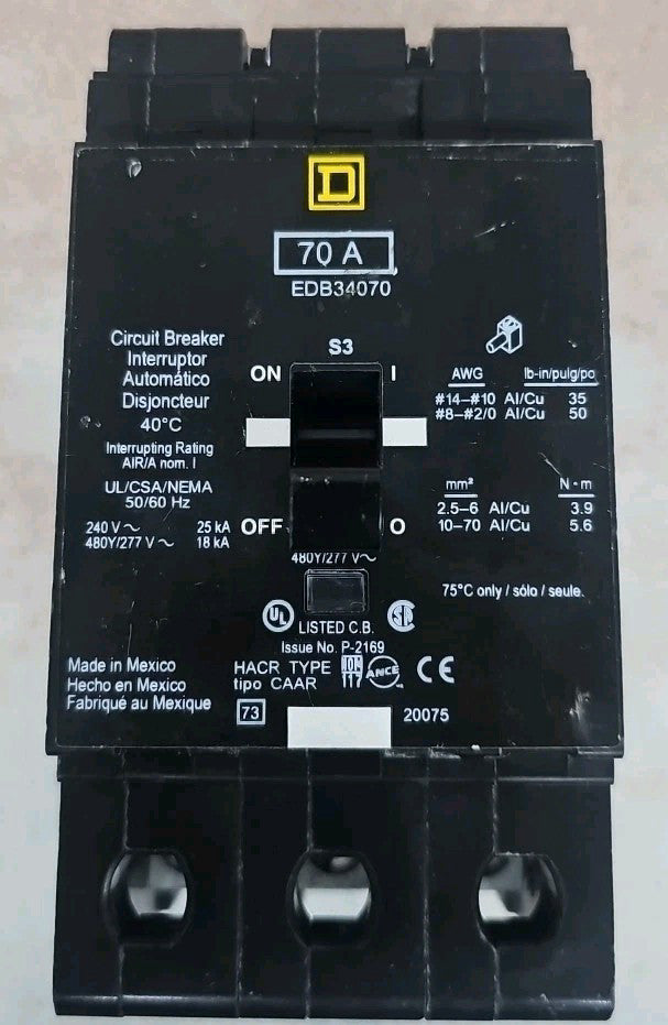 Square D EDB34070 Bolt-On Circuit Breaker 70A 3P 480y/277v 3-Phase 70Amp NOS