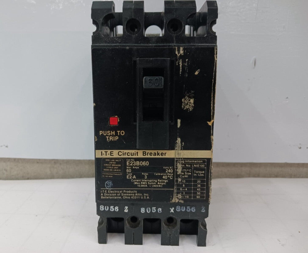SIEMENS 60 AMP CIRCUIT BREAKER 3 POLE 240 VAC E23B060