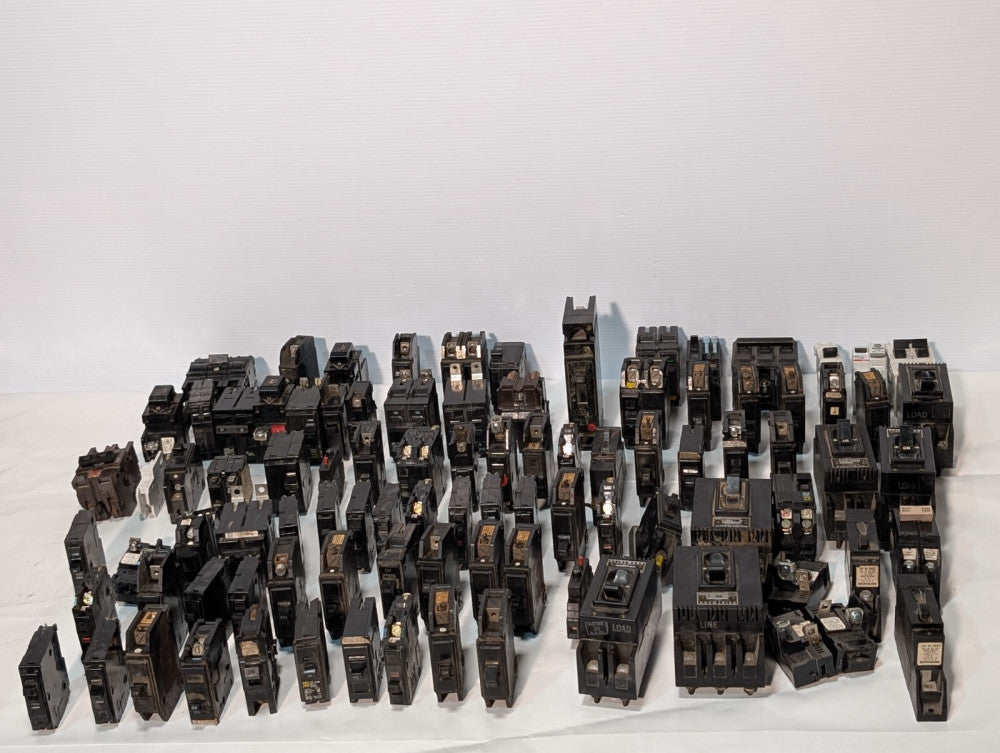Huge Lot of 90+ Circuit Breakers, Varying Types, Amps and Manufacturers