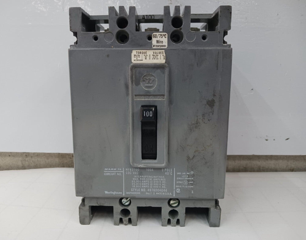 WESTINGHOUSE 100 AMP CIRCUIT BREAKER 3 POLE 600 VAC HFB3100