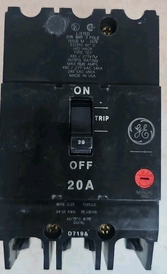 GENERAL ELECTRIC TEY320 3 POLE 20 AMP TEY 480v CIRCUIT BREAKER NTO