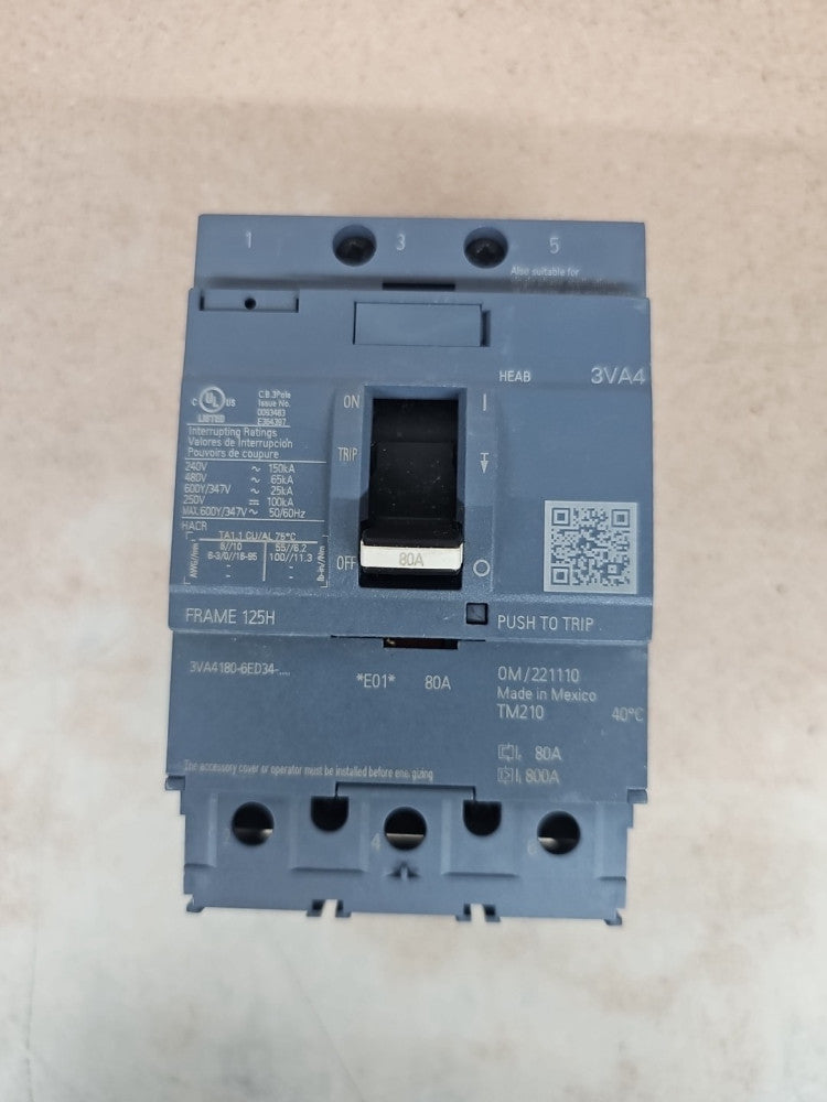 Siemens 3VA4180-6ED34-0AA0 3 pole 80 Amp 480v Bolt On Breaker