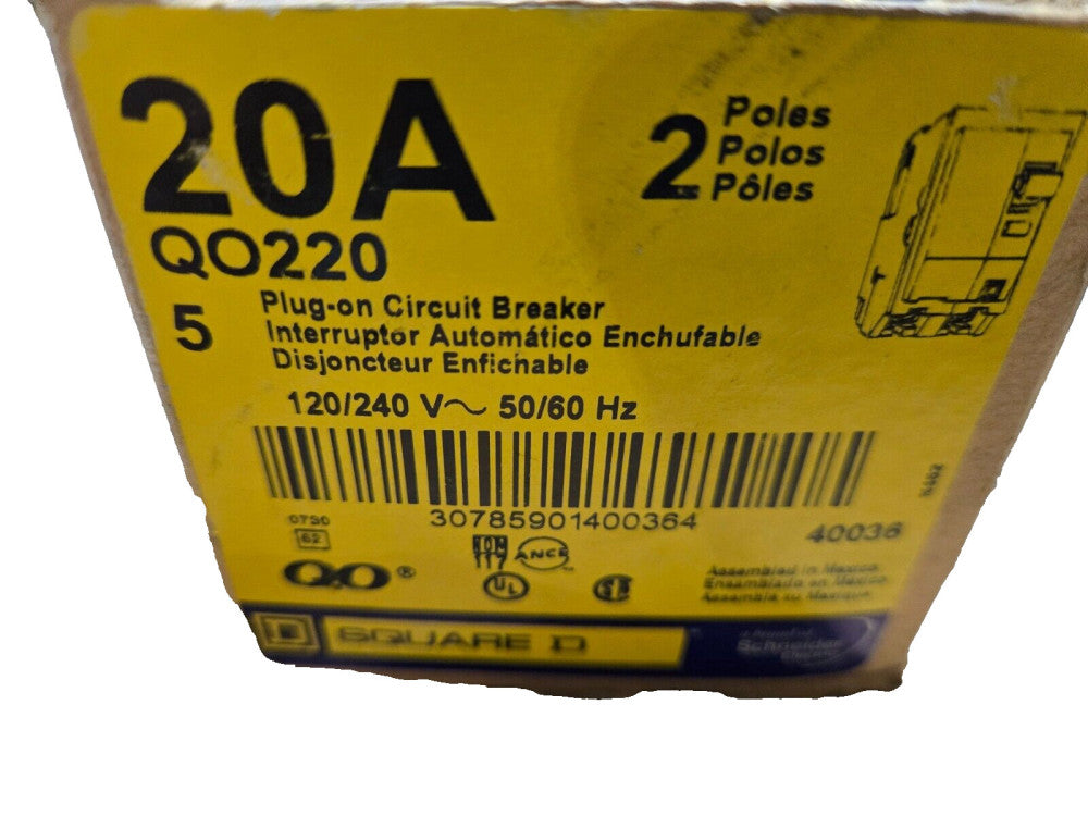 5 PACK QO220 Mini circuit breaker 20A, 2 pole, 120/240VAC, 10kA, plug in mount