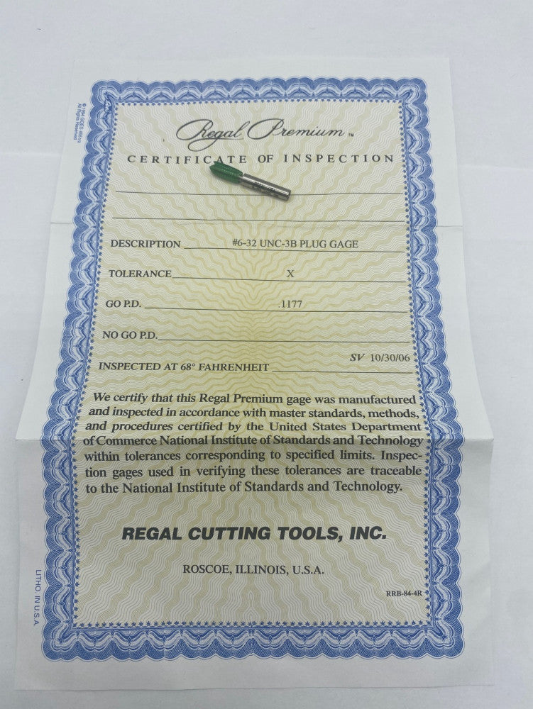 NEW Regal Cutting Tools 6-32 UNC-3B Go PD 0.1177 Thread Plug Gage