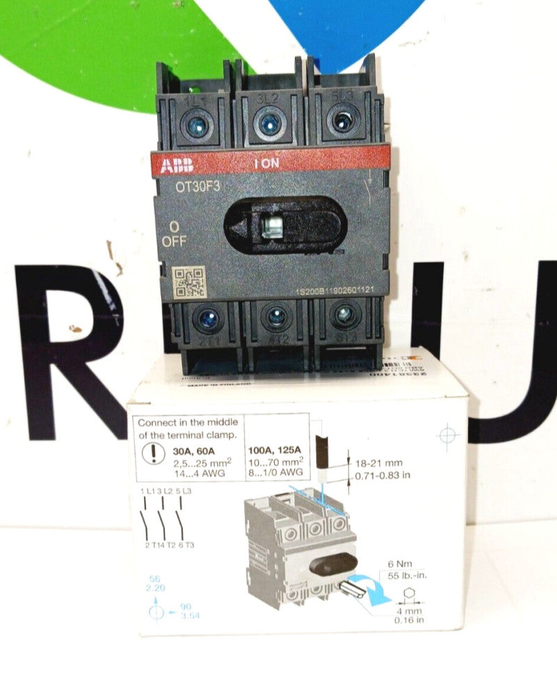 New ABB 30 Amp Disconnect Switch 600 VAC / 250 VDC 3 Pole OT30F3