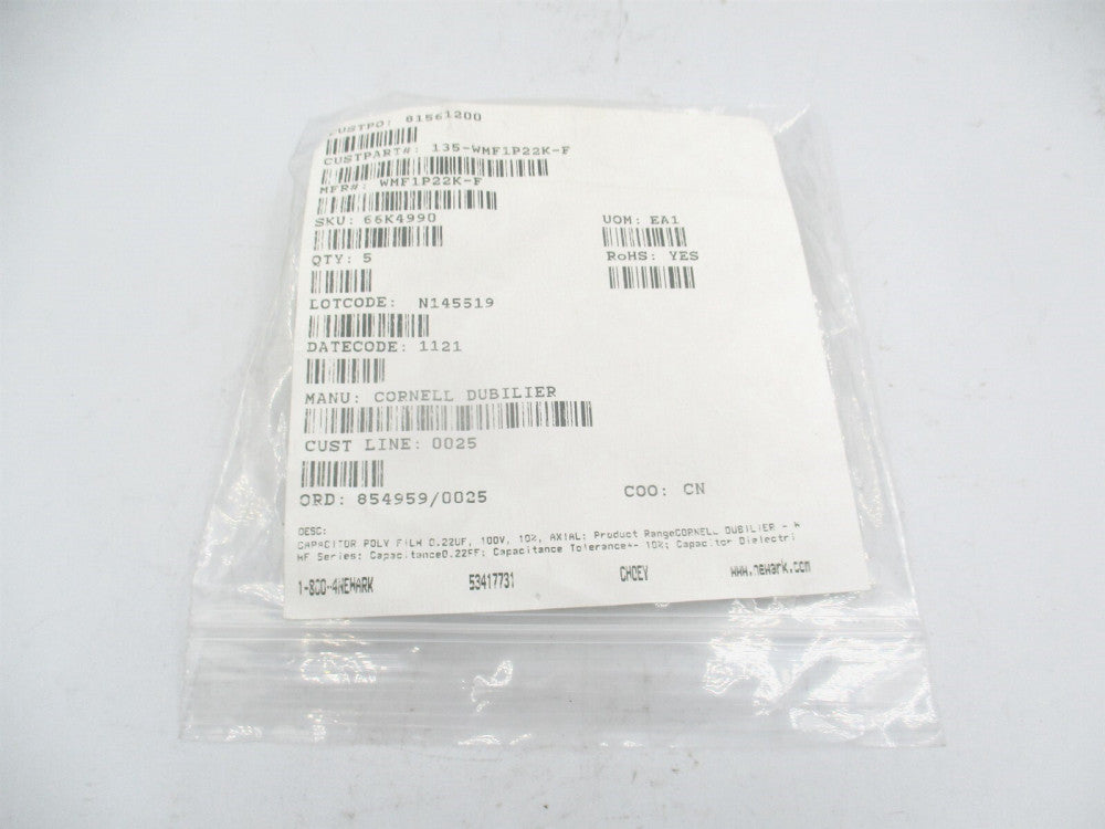 Cornell Dubilier (WMF1P22K-F) 0.220uF 100V 10% Straight Film Capacitors - Qty 10