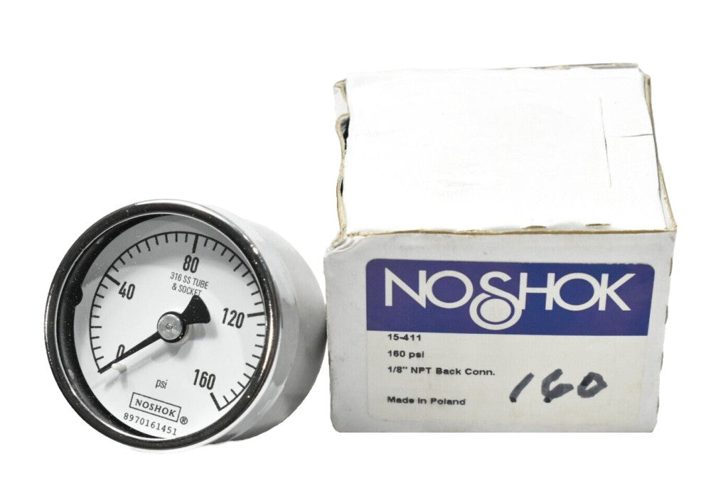 Noshok 15-411-160-PSI Pressure Gauge Dial 1.5”, Back Connect 1/8" NPT, 0-160 PSI