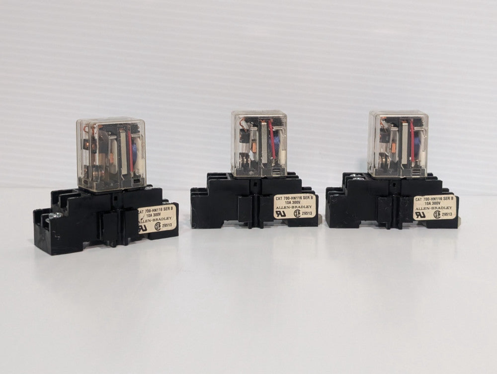 Lot of 3 Allen-Bradley 700-HF32A24-4 relay w/ 700-HN116 base, 24VAC coil 10A