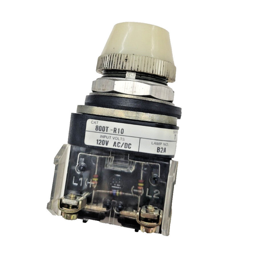 AB ALLEN BRADLEY PILOT LIGHT, 800T-R10, WHITE, 120V AC/DC, LAMP NO. B2A