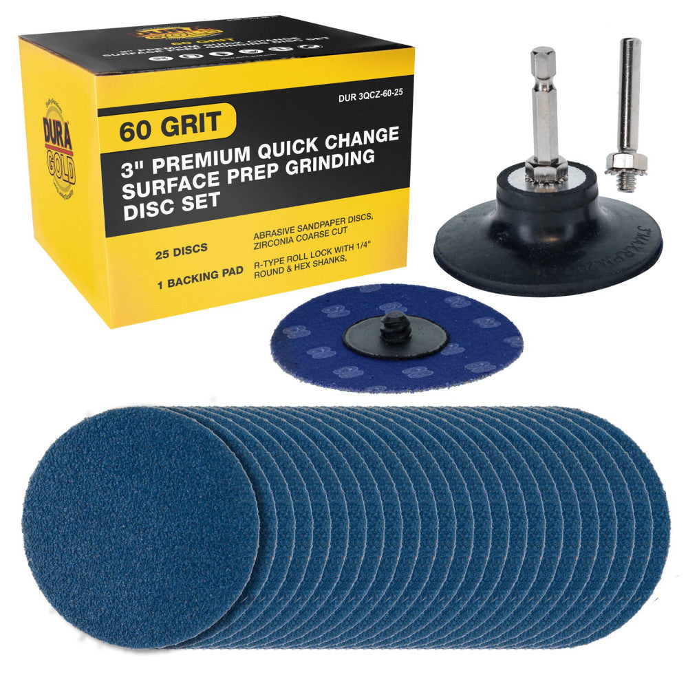 Dura-Gold 3" 60 Grit Quick Change Surface Prep Grinding Disc Set, 25 Discs, Pad