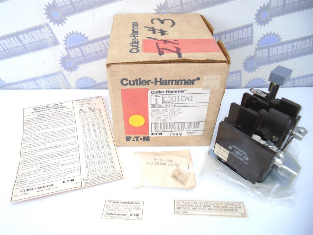 Cutler-Hammer - C301CN1 - 78-2113-21030 OVERLOAD RELAY - 30A - Size 1 - NC (NEW)