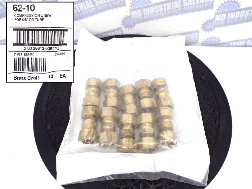 (10 pcs) - 62-10 - Brass 5/8 x 5/8 COMPRESSION UNION - for 5/8" OD TUBE 62C-10