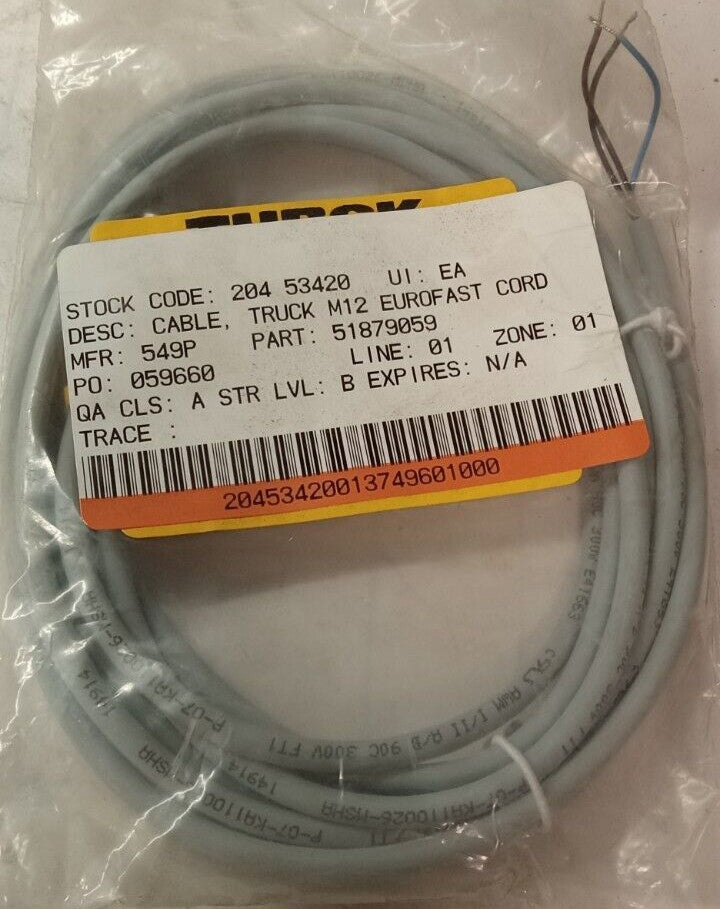 NEW TURCK M12 EUROFAST CORD 5 PIN FEMALE 300 V RKV-4T-3/S90