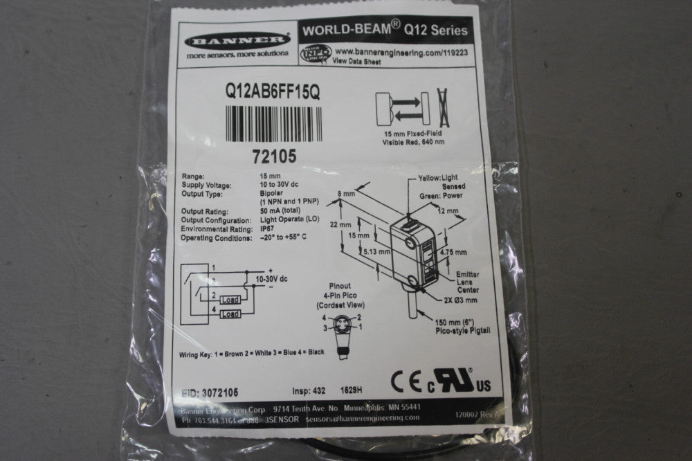 NEW BANNER WORLD-BEAM PROXIMITY SENSOR Q12AB6FF15Q