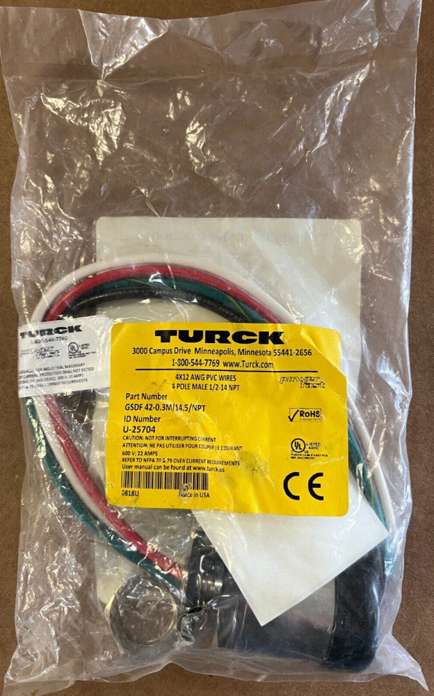 TURCK POWER CABLE, GSDF-42-0.3M/14.5/NPT, 4x12 AWG PVC WIRES, MAKE OFFER!