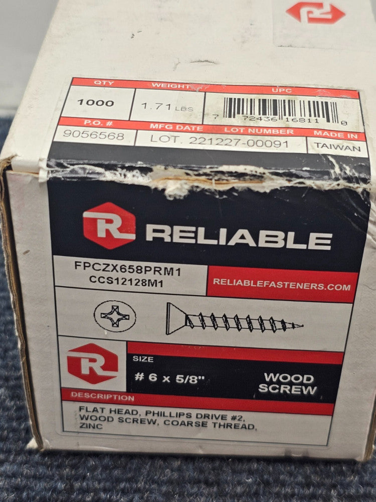(1000 PIECES) Reliable FPCZX658PRM1 Wood Screw Size #6 x 5/8" Flat Head Zinc