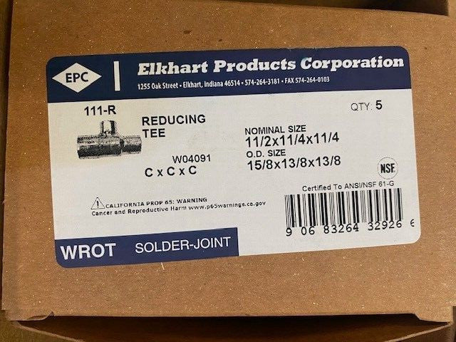 (5 PACK) ELKHART 111-R REDUCING TEE 1-1/2X1-1/4X-1-1/4 (NEW)