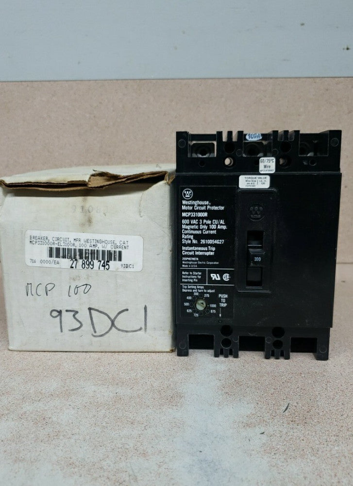 New Old Stock! Westinghouse MCP331000R Circuit Breaker 3P 100A 600V