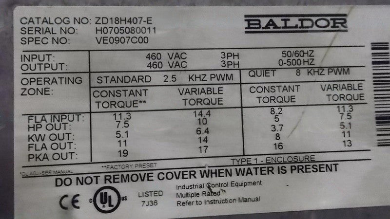 BALDOR ZD18H407-E AC VECTOR 10HP 460V UNMP