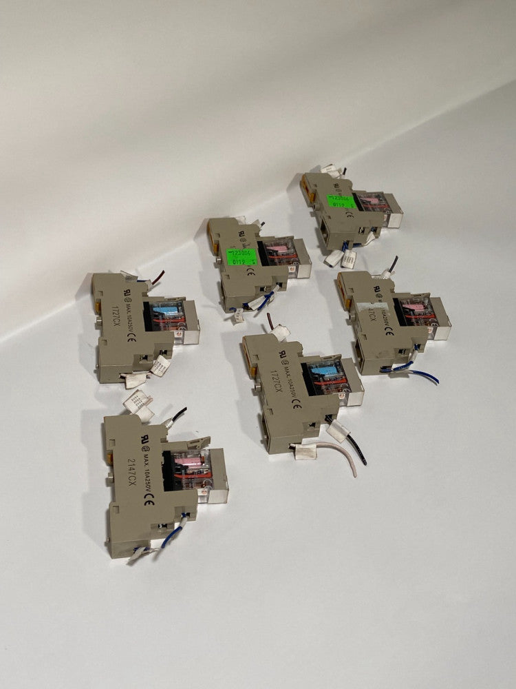 Lot of 6 Omron G2R-1-S (S) 120VAC SPDT power relays on DIN sockets, 10A 250VAC