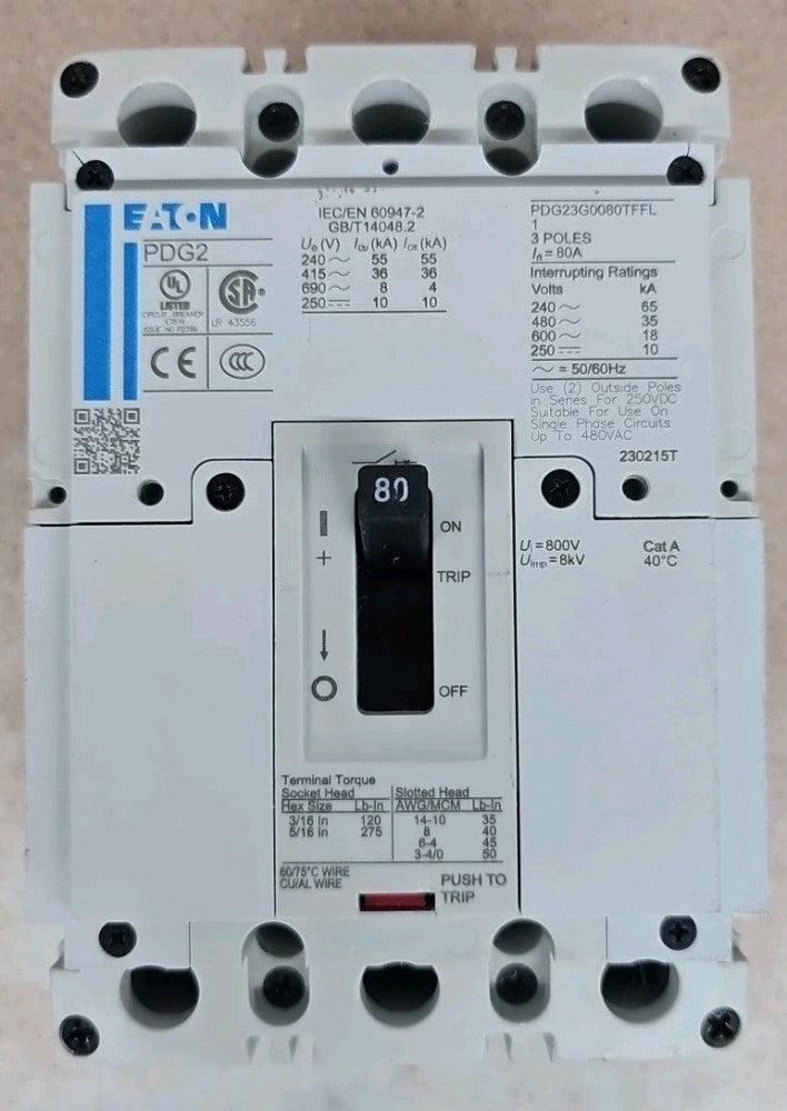 NTO Eaton PDG23G0080TFFL Circuit Breaker PDG2 3Pole Molded Case 80A 480V Max