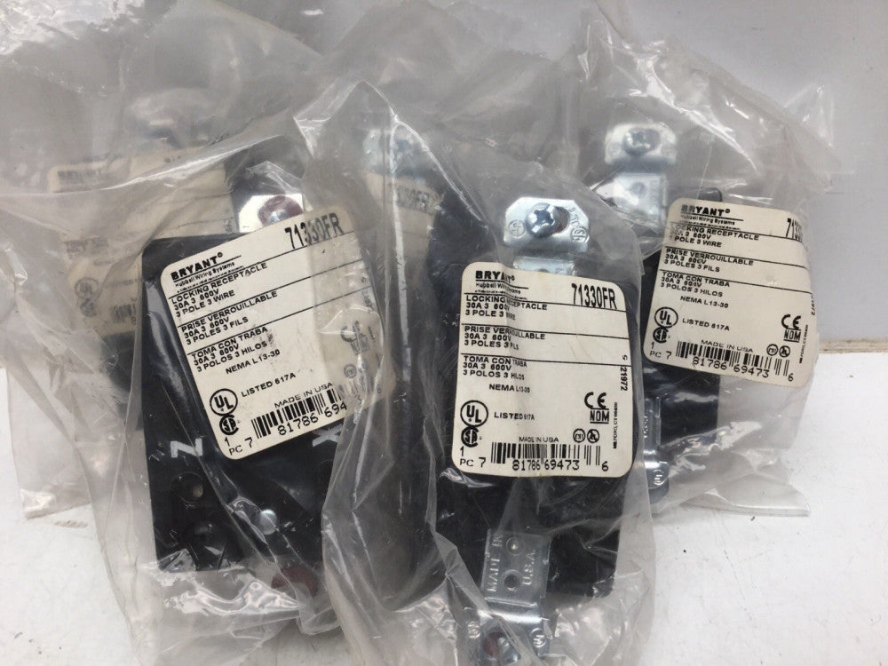 BRYANT 71330FR Locking Receptacle 30A 600V 3 Pole 3 Wire L13-30 (Lot of 5)