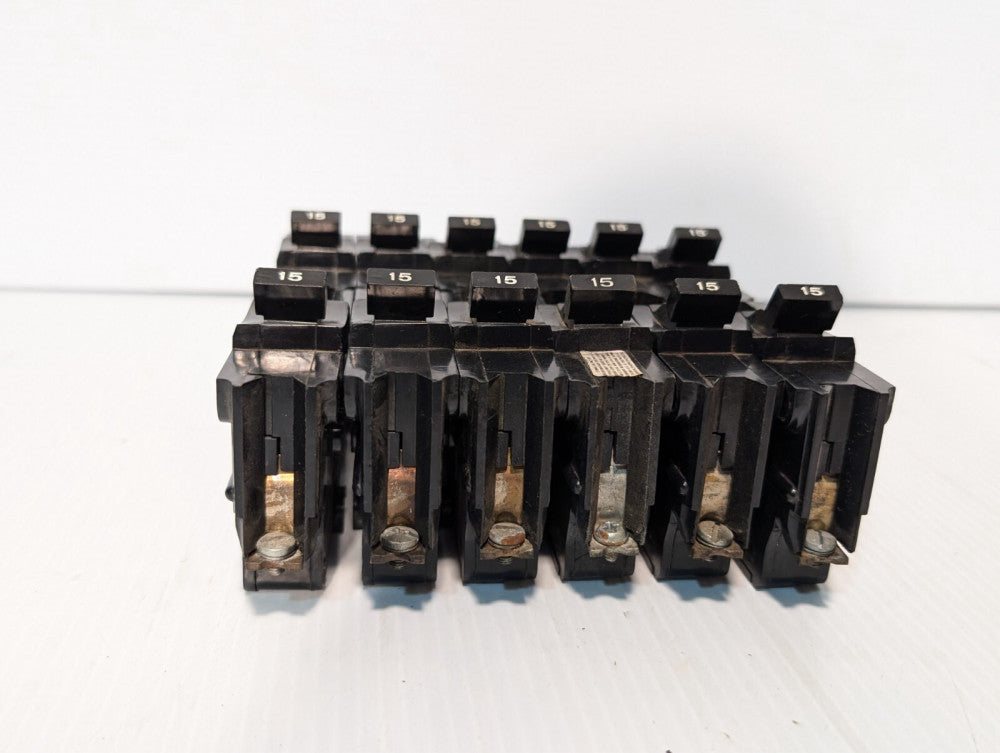 Lot of 6 Federal Pacific NB115 circuit breakers, 15A, 120/240VAC as pictured