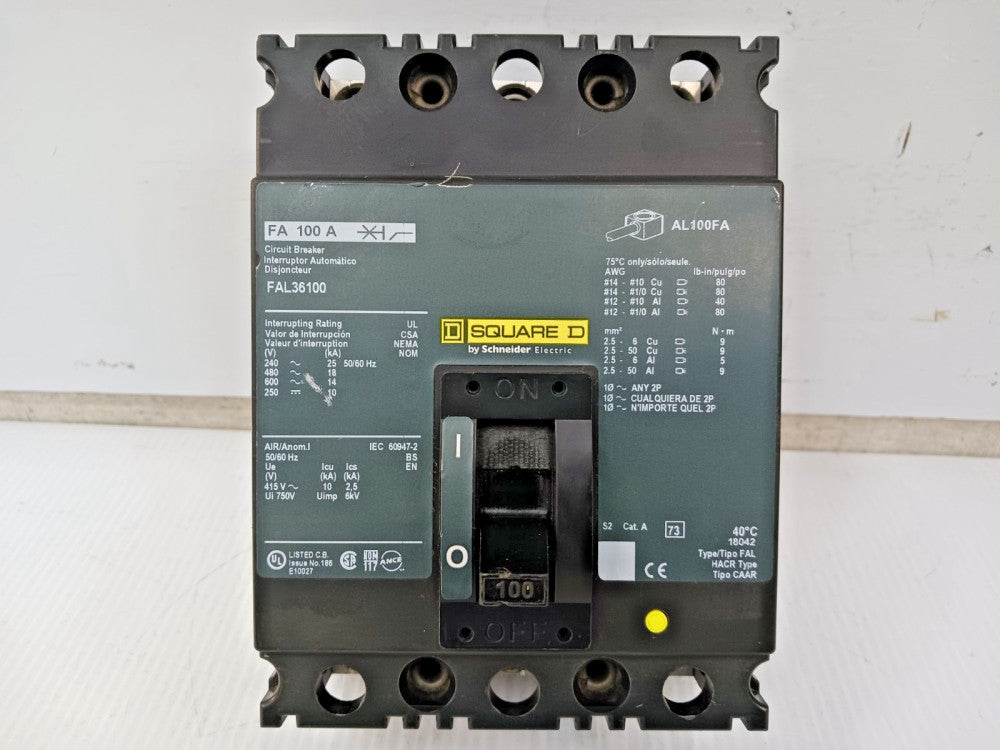 Square D 100 Amp Circuit Breaker 3 Pole 600 VAC / 250 VDC 18kA FAL36100
