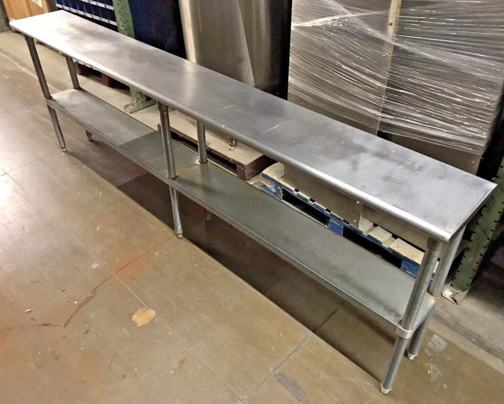 L & J Stainless Steel Top Table 9ft L x 14in W x 36in H 10in w/ Bottom Shelf