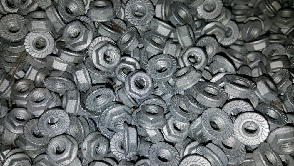 NEW 1/4-20 HEX FLANGE LOCK NUTS WITH SERRATION, CASE HARDENED, PLN (200 PC LOT)