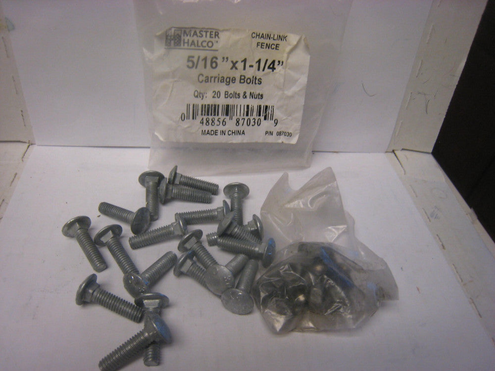 5/16" x 1-1/4" Carriage Bolt & nuts (20) for Chain Link Fence - 20 bolts 20 Nuts
